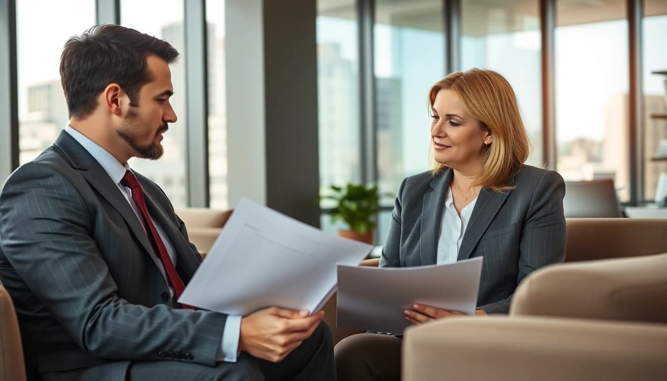 Greenville Personal Injury Lawyers meeting with a client in a modern office, demonstrating collaboration and professionalism.