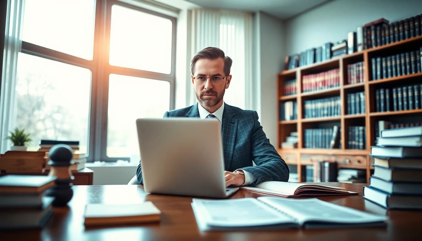 Engaged Asheville DWI defense lawyer strategizing in a law office environment.