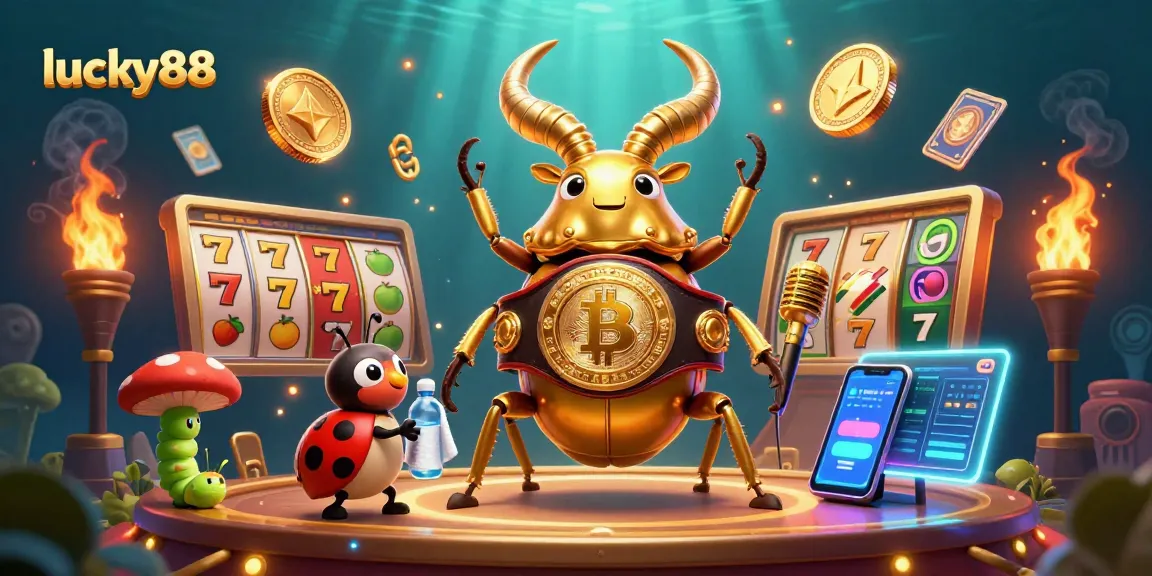 Experience the excitement of lucky88 slots with a giant stag beetle and ladybug corner-man in a dynamic casino scene.