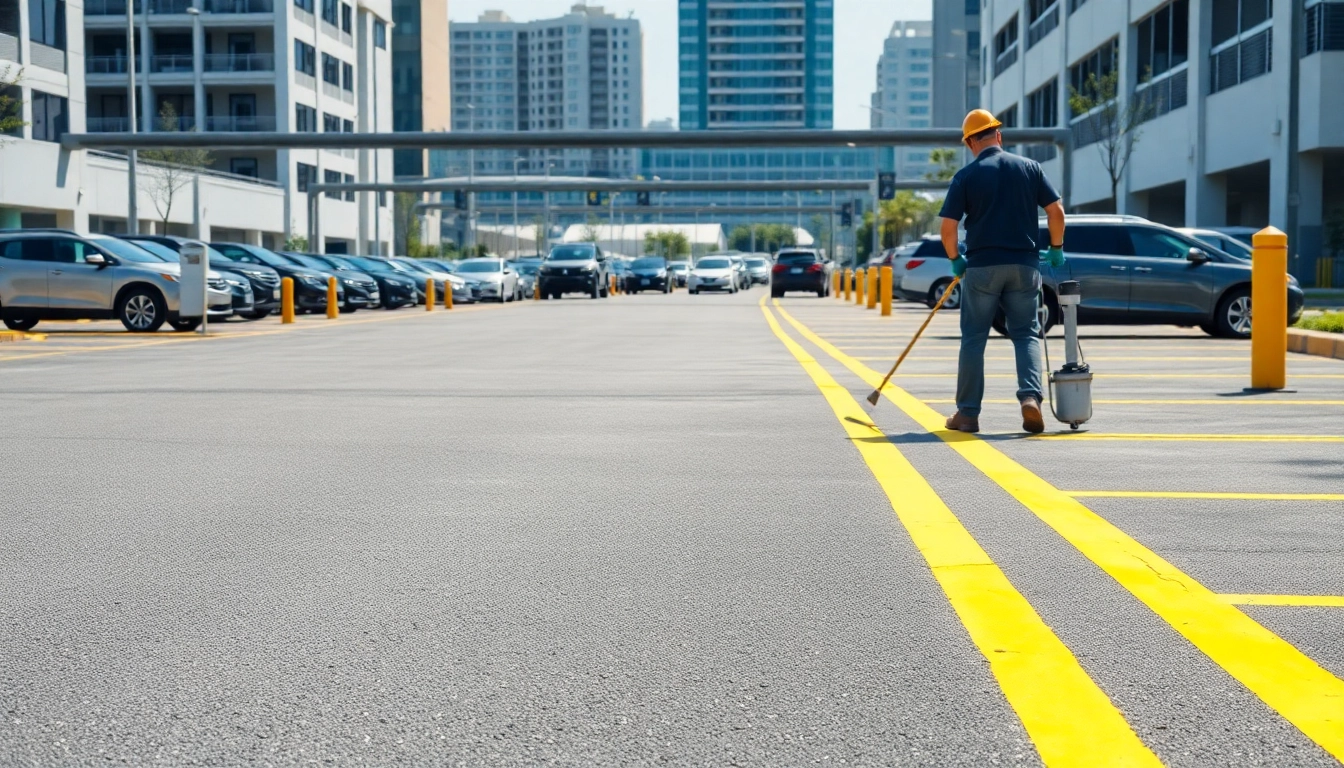 Parking lot striping County Line Road MS depicted with freshly painted lines and a professional crew.