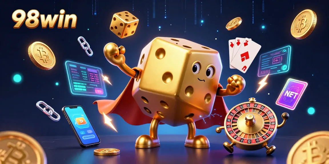 Experience thrilling gaming at 98win with golden dice, crypto coins, and vibrant casino elements.