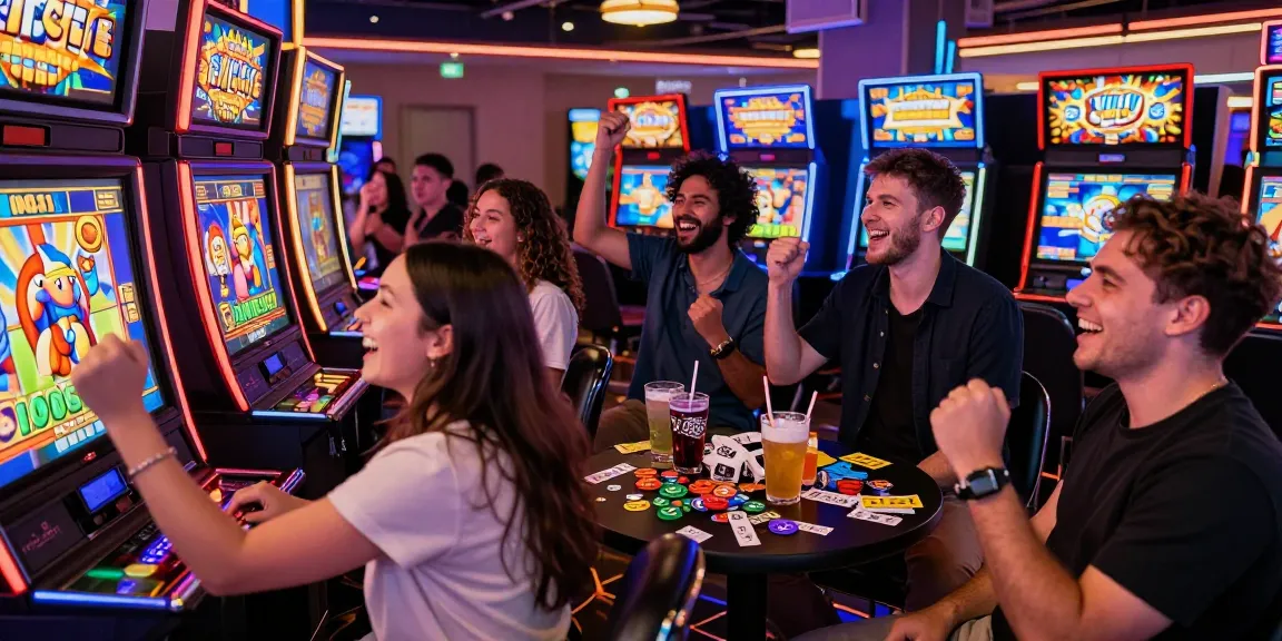 Friends enjoying an exciting online slot experience in a vibrant casino atmosphere, with colorful graphics and energetic ambiance.