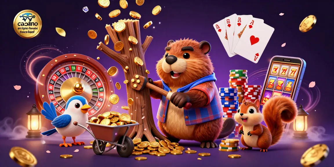 Illustration de casino en ligne France légal avec un castor bûcheron, des pièces d'or, et une ambiance féerique.