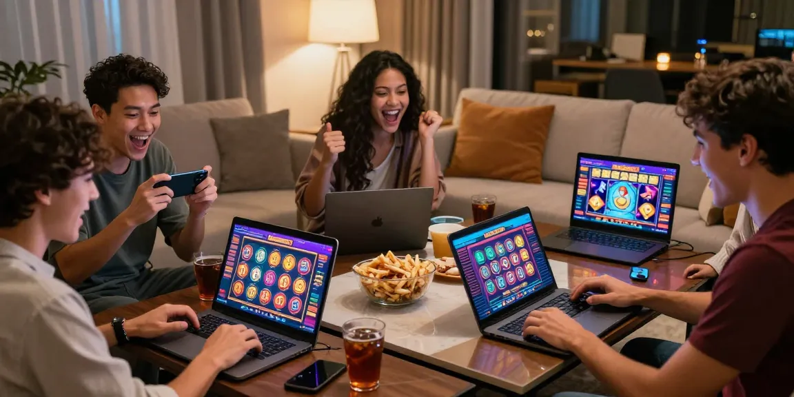 Excited friends celebrating wins on a slot server luar negeri game at home, showcasing vibrant online casino graphics.