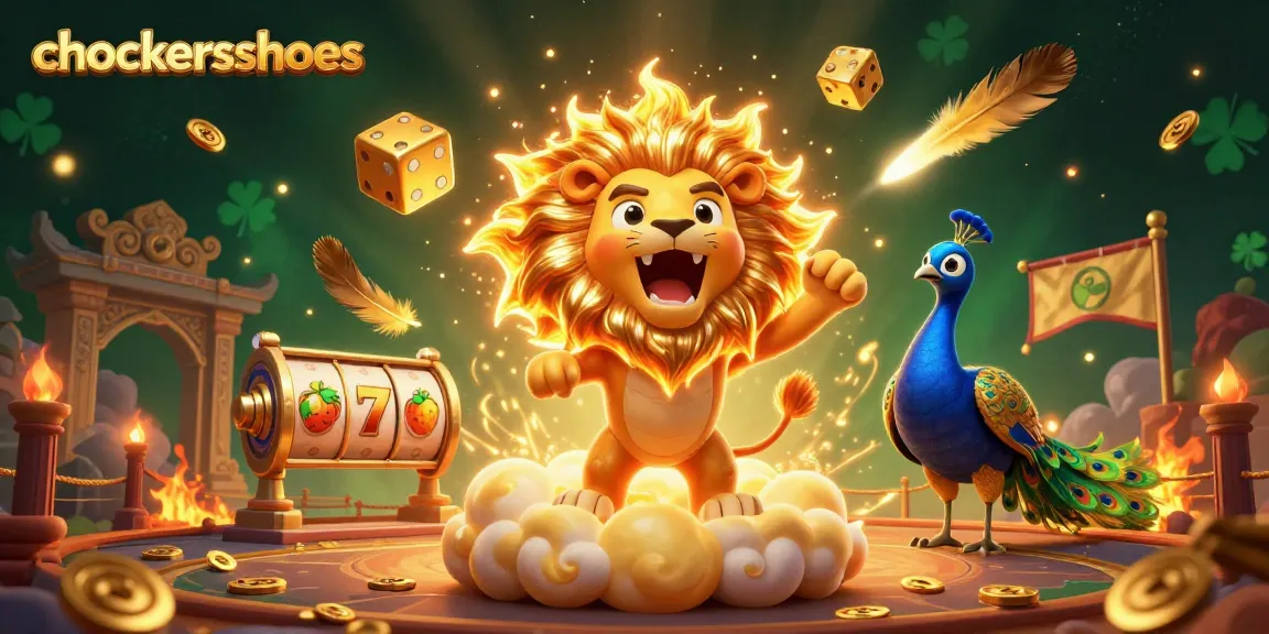 Engage in exciting gameplay at chockersshoes, featuring a vibrant sun lion amidst golden casino elements and slot reels.