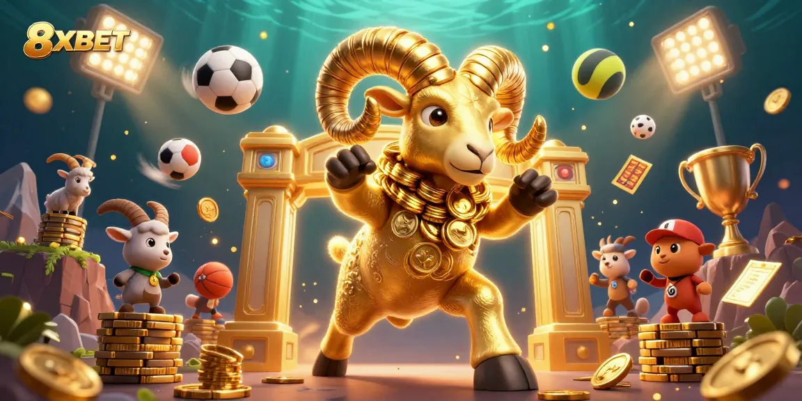 Bet big with golden ram charging through a casino scene, showcasing 8XBET excitement.