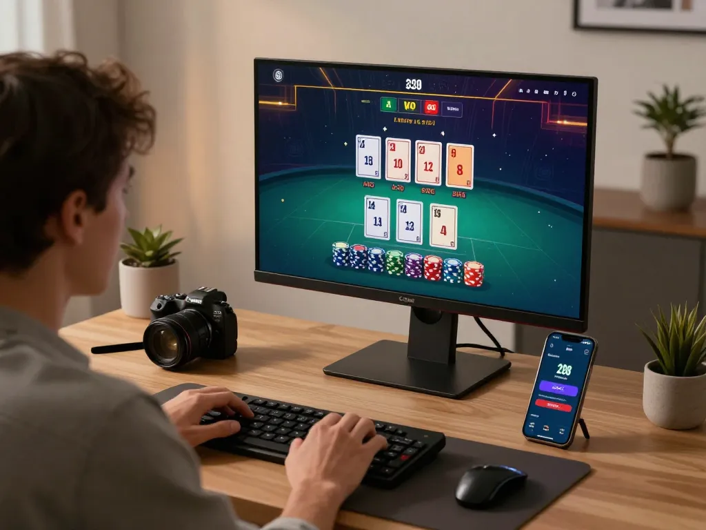 Engaging in strategic online gambling with winstrike69 at a home desktop setup, live dealer blackjack on screen.