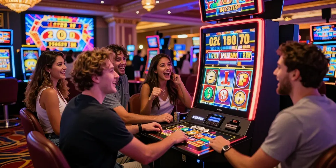 Players celebrating near a slot machine during a casino night.