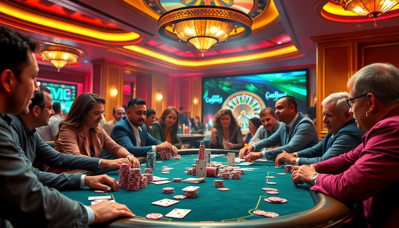 Pemain menikmati permainan Texas Hold'em di meja poker idn play dalam suasana kasino yang semarak.