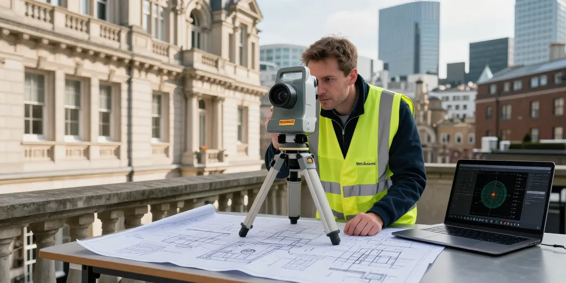 Surveyor conducting Measured Building Surveys Berkshire using advanced laser scanning technology in urban setting, capturing precise structural details.