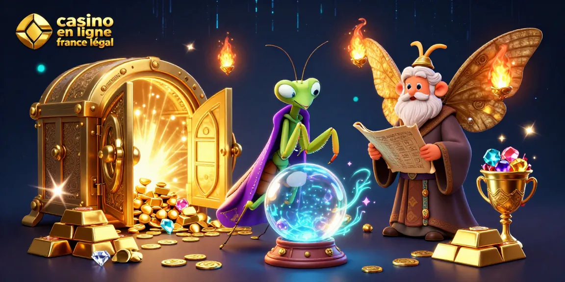 Image captivante du casino en ligne légale en France, avec une mante religieuse devin et des éléments de richesse.