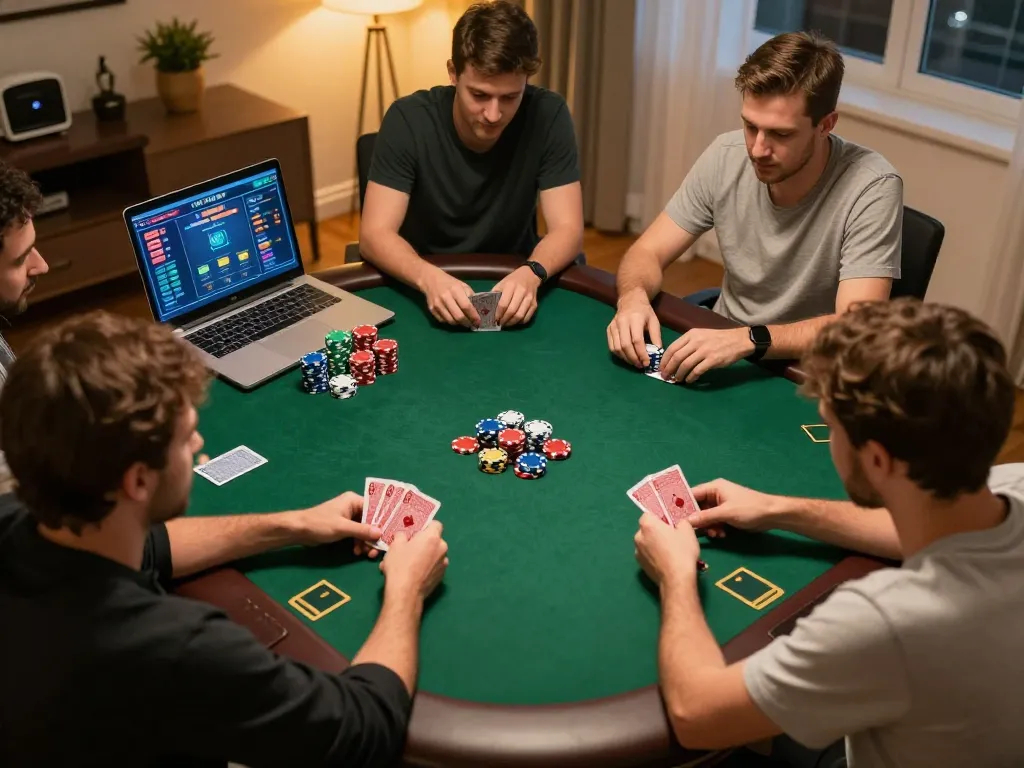 N188 players engaged in an online poker game with strategy cards and vibrant chips.