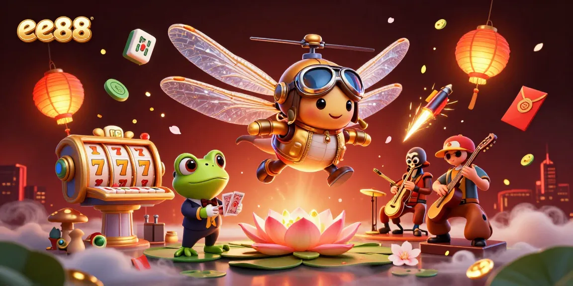 ee88 showcases a vibrant casino scene with a dragonfly pilot and lively characters.