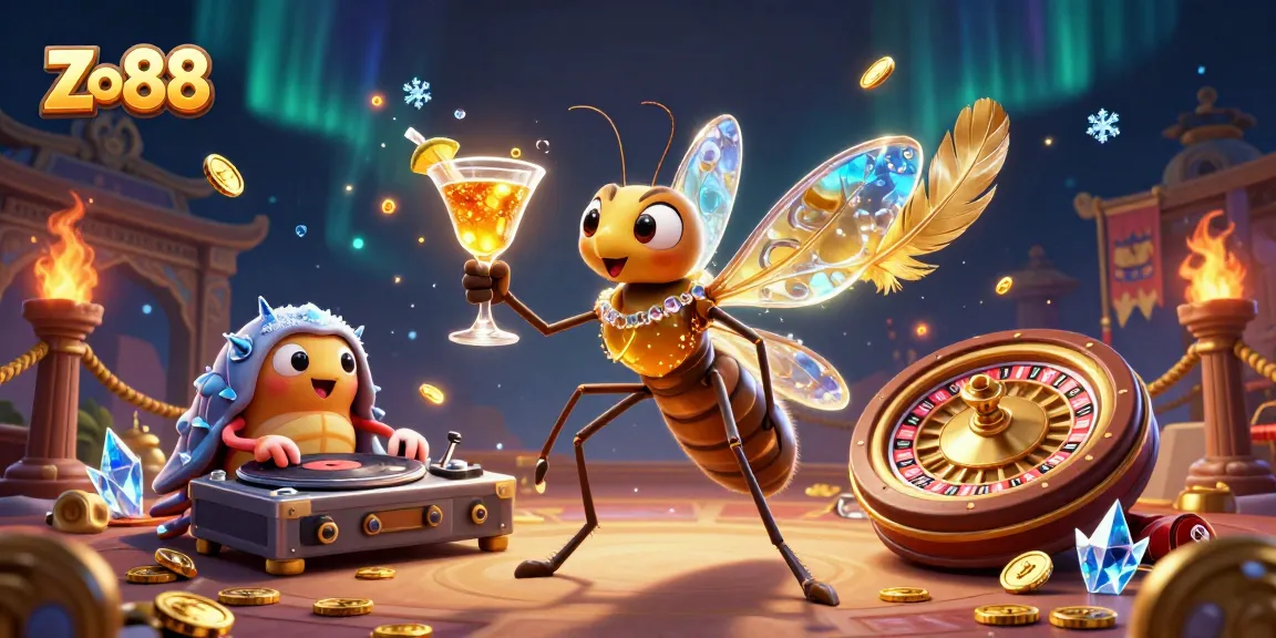 Experience the thrill of Zo88 with a lively 3D illustration of lively casino characters and gaming elements.