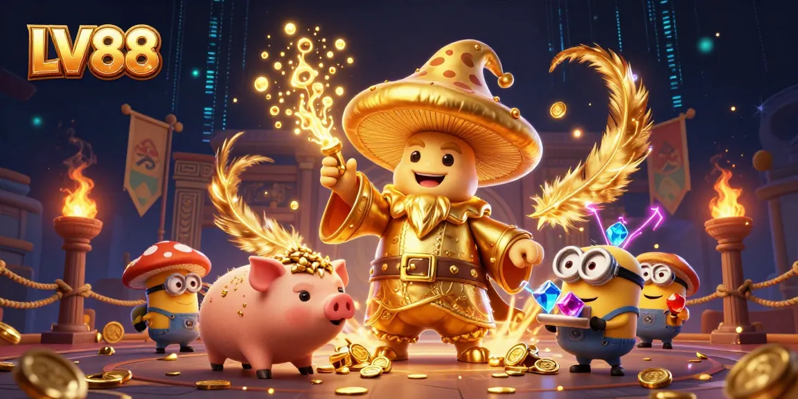 Experience the magic of LV88 with an enchanting illustration of a golden mushroom wizard, treasure-seeking pig, and gemstone-carrying minions.