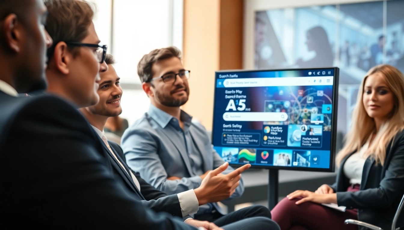 Showcasing enterprise search tools in a professional setting with engaged business professionals.
