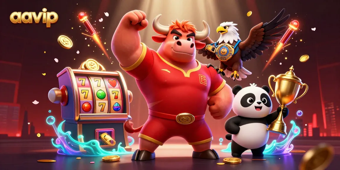 Aavip slot games visualization featuring a bull mascot, eagle and panda celebrating wins with vibrant casino elements.