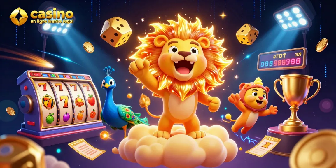 Visualisez un lion de soleil 3D rugissant pour "casino en ligne légal France", entouré de dés dorés et de jackpots.