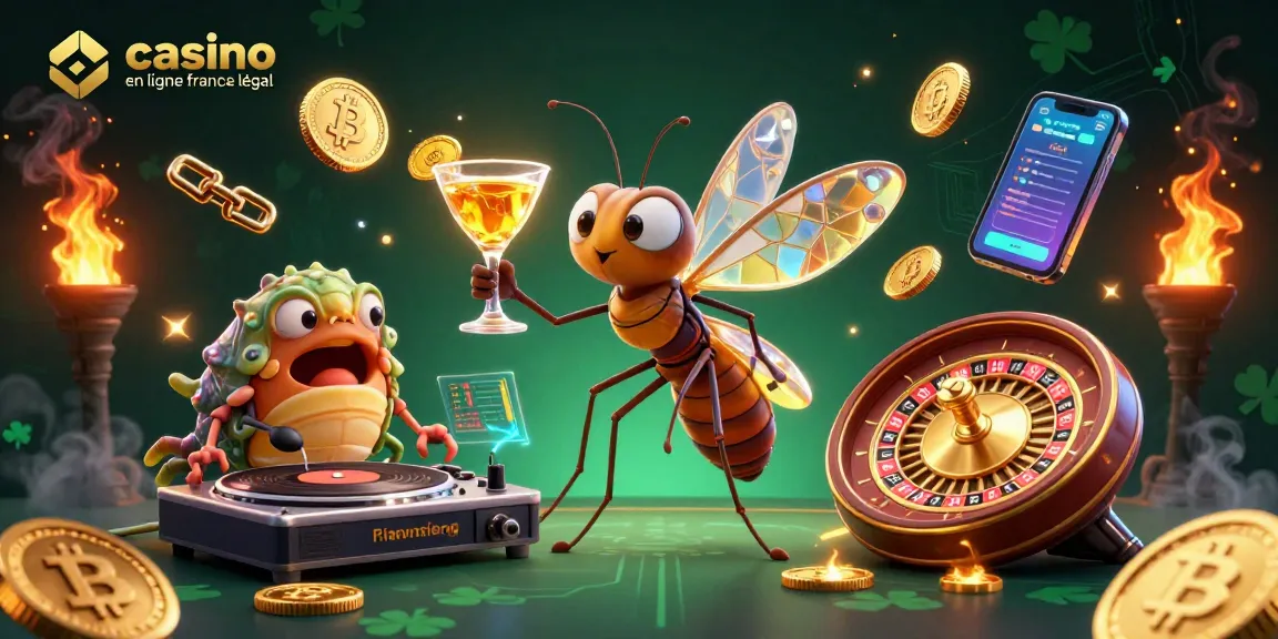Visualisation dynamique d'un casino en ligne légal en France avec un moustique mascotte et des éléments cryptographiques.
