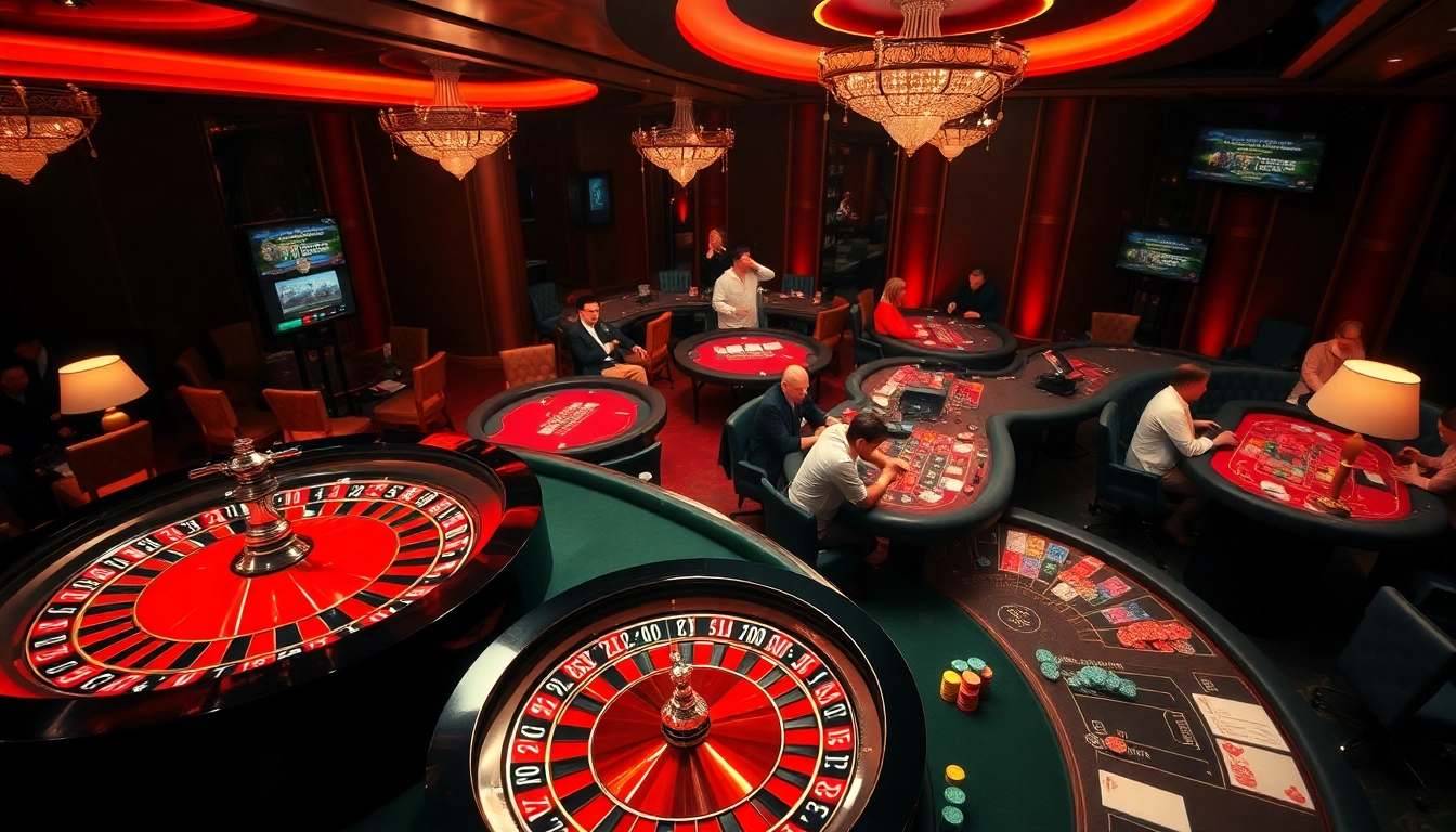 Plongez dans l'atmosphère vibrante du meilleur casino en ligne avec des joueurs aux tables de roulette et de poker.