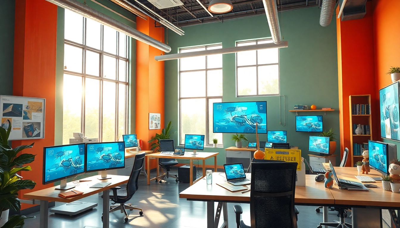 Animationstudio: Ein kreatives Studio mit digitalen Displays und Arbeitsbereichen.