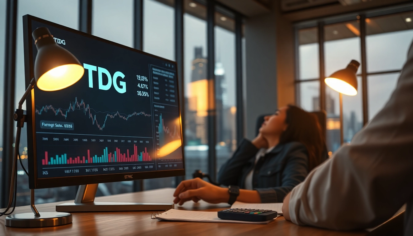 Monitor displaying the TDG stock price analytics in a professional finance environment.