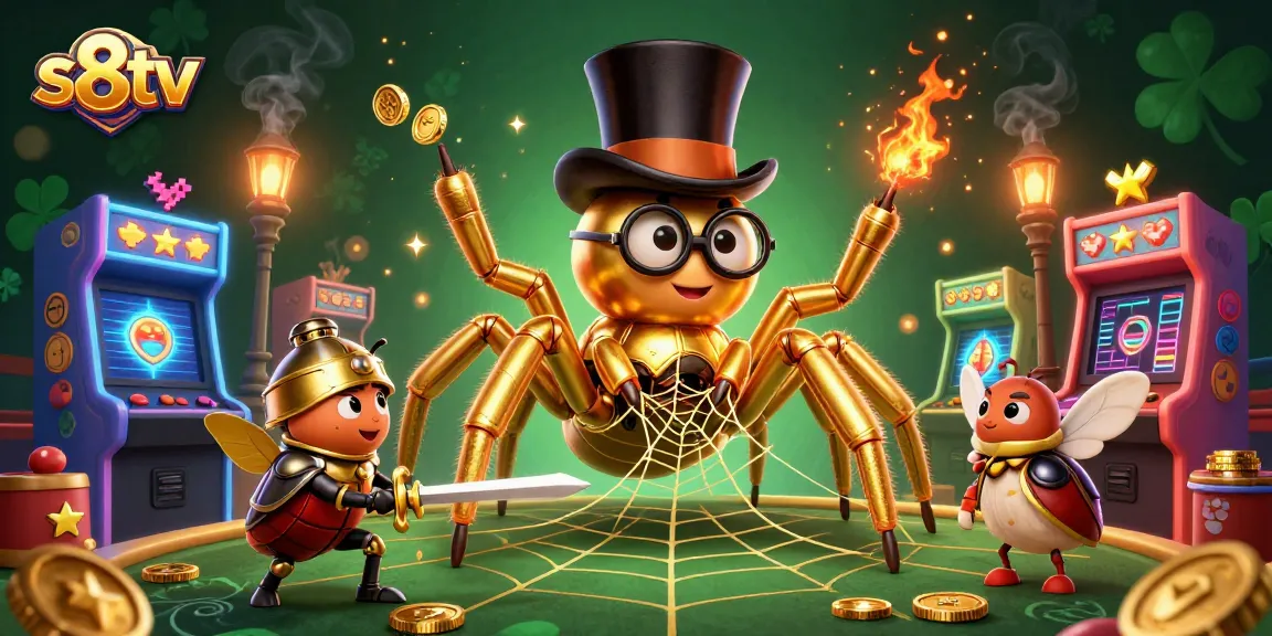 s8tv showcases an adventurous scene with a golden tarantula and a beetle knight amidst vibrant casino elements