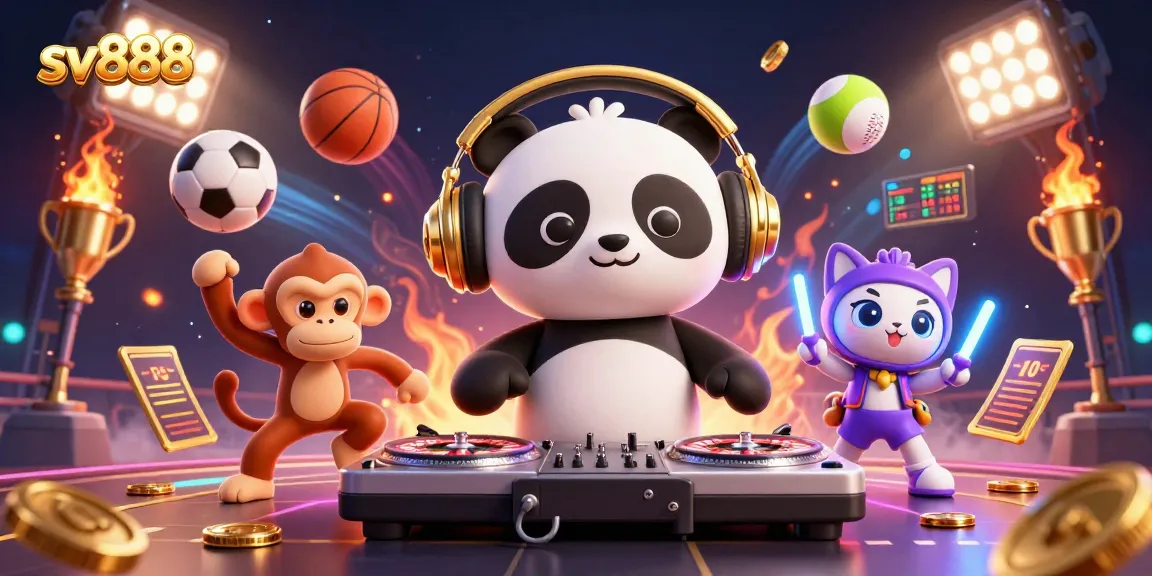 Experience excitement with sv888's dynamic casino scene featuring vibrant characters and gambling elements.