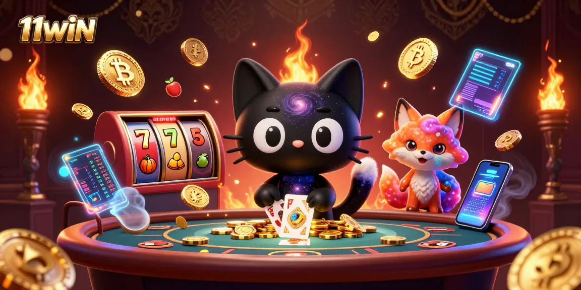 Experience the cosmic charm of 11WIN as you play slot games surrounded by a captivating black hole cat and dazzling elements.