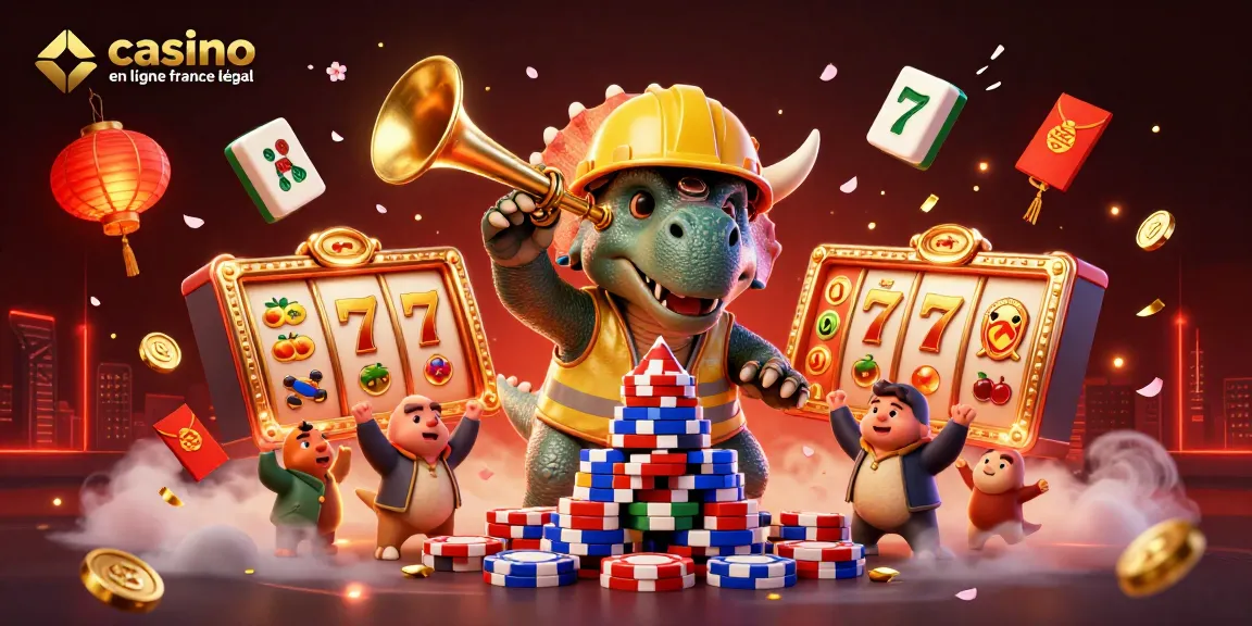 Le casino en ligne France légal propose des jeux dynamiques comme cette illustration de triceratops et de symboles chanceux.