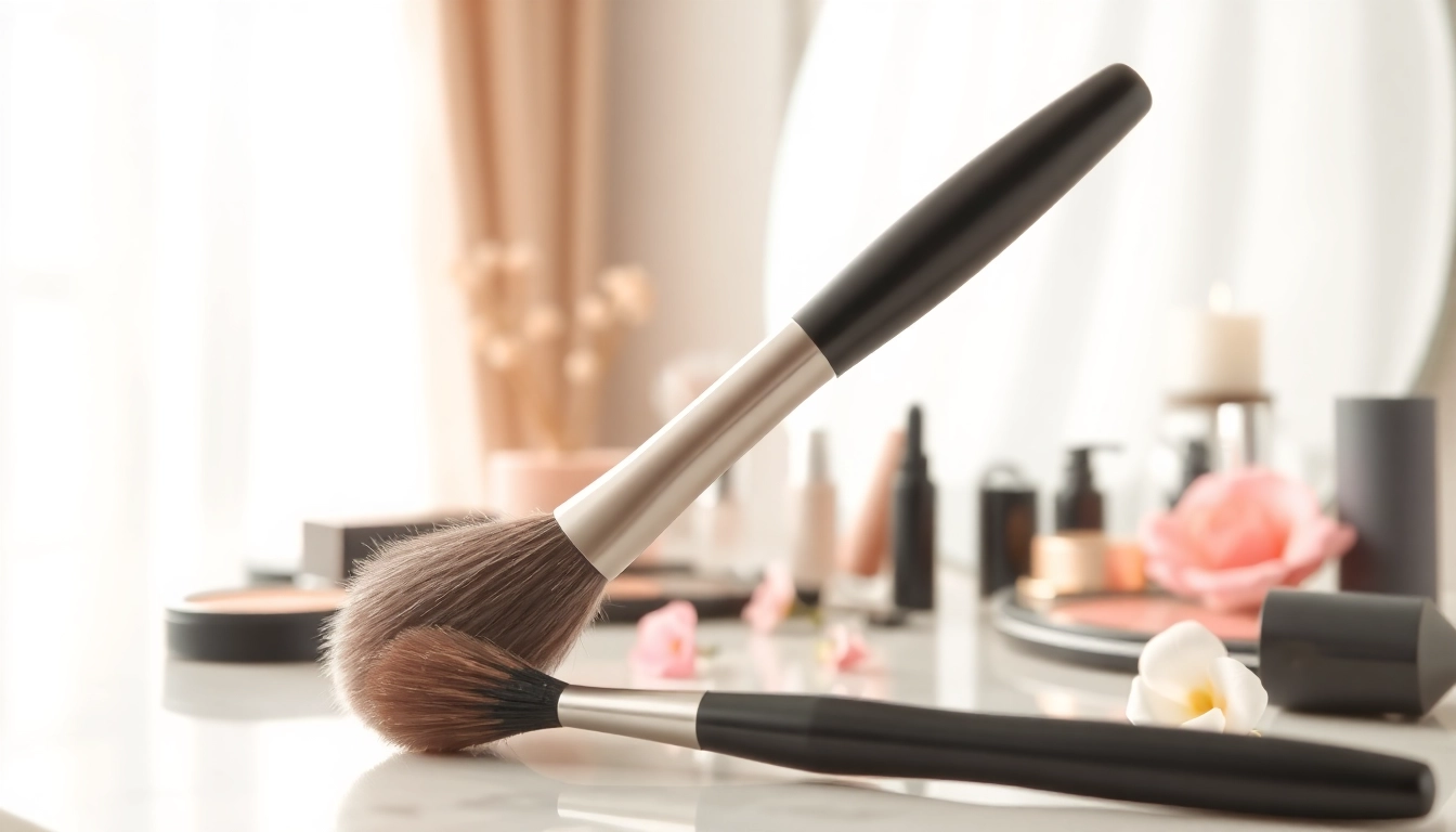 Using a lip blending brush to create a flawless lip look on a stylish vanity.