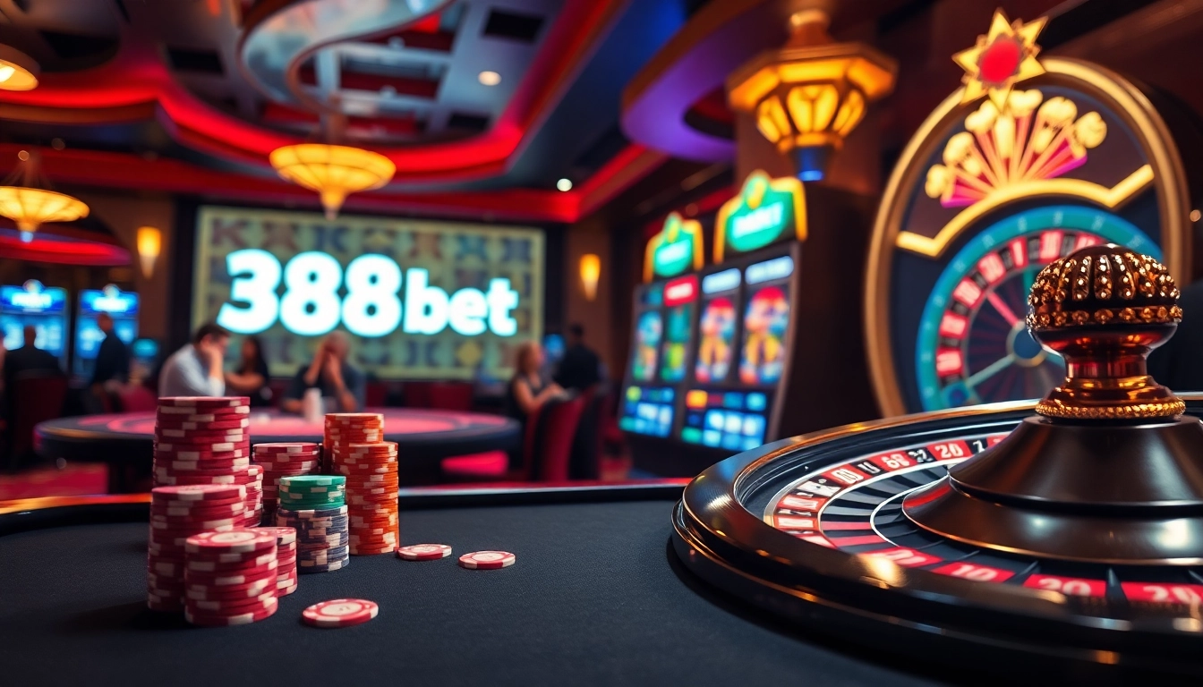 Play high-stakes poker at 388bet's upscale casino featuring vibrant tables and roulette wheels.