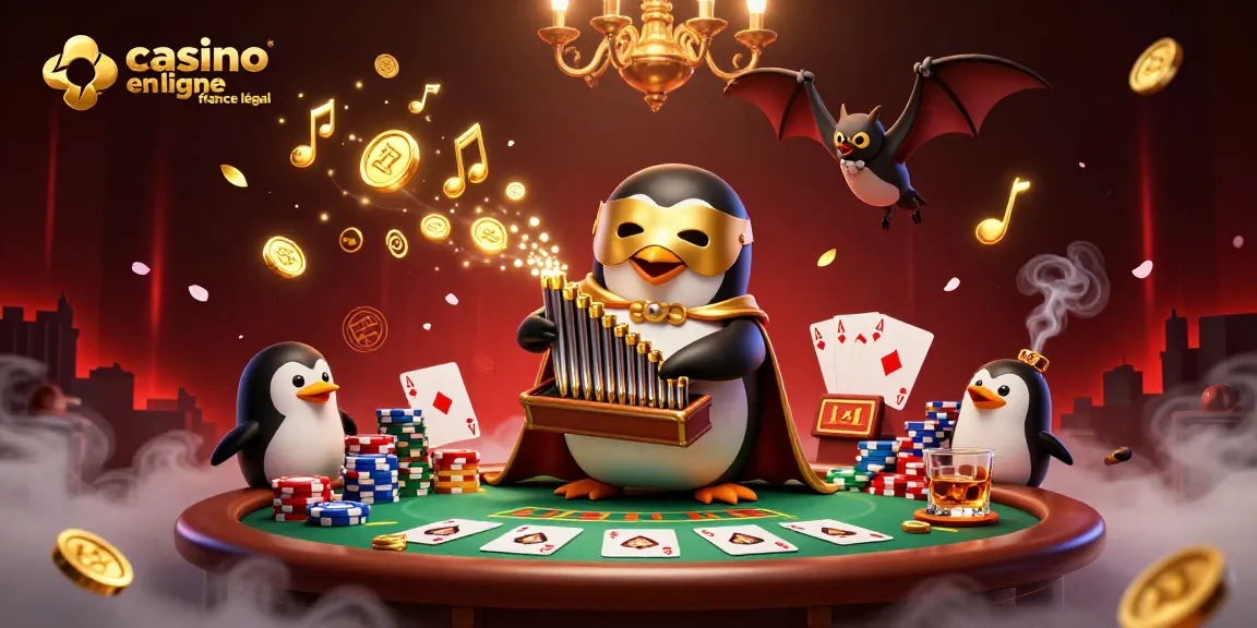 Profitez du jeu avec casino en ligne France légal, un esprit ludique incarné par un pingouin d'opéra et des éléments de poker.