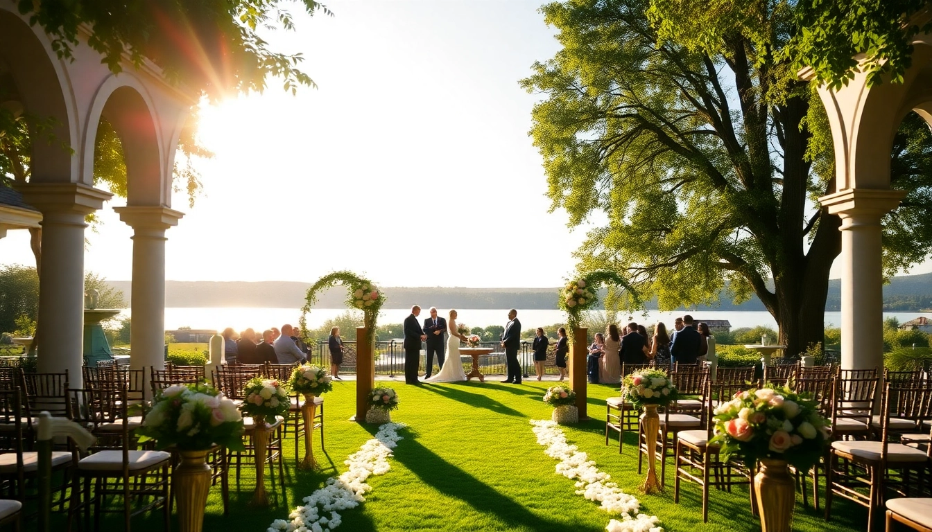 Stunning wedding venues sacramento featuring a garden ceremony setup and serene lake backdrop.