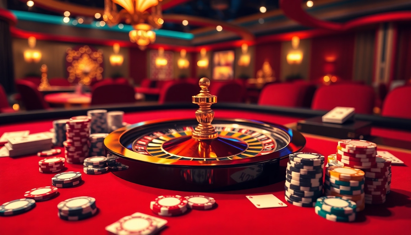 Vivez l'excitation au meilleur casino en ligne avec des jetons de poker élégants, des cartes à jouer et une roue de roulette.