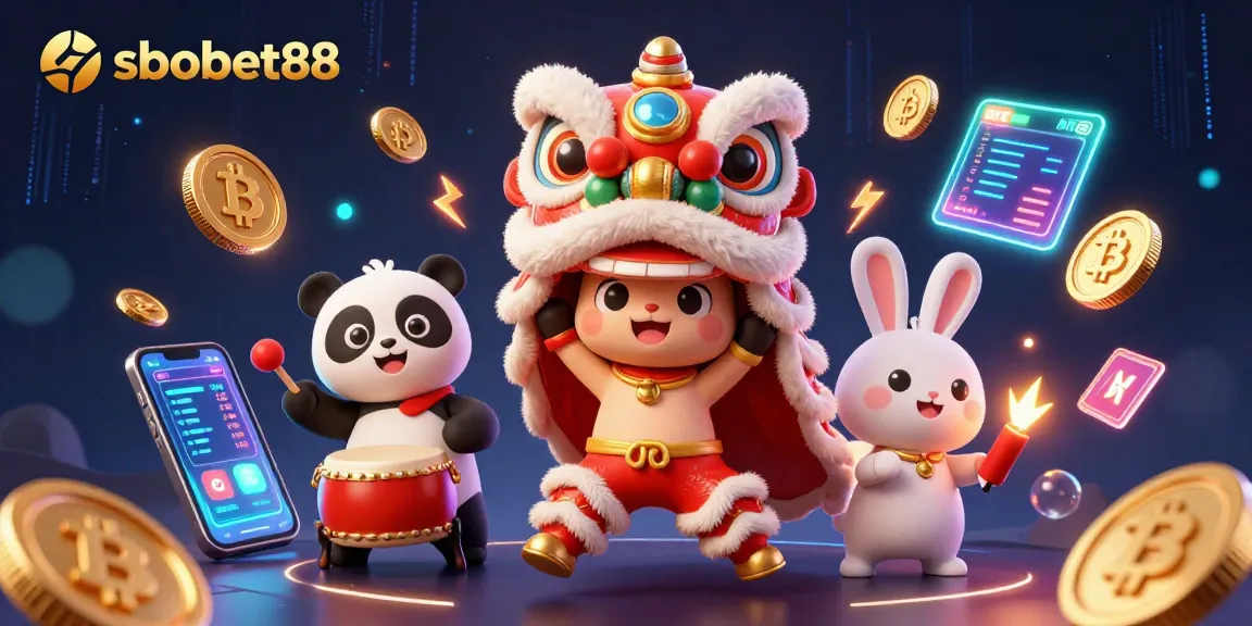 Engage with sbobet88 as the lion dance unfolds amidst vibrant crypto elements and festive decorations.