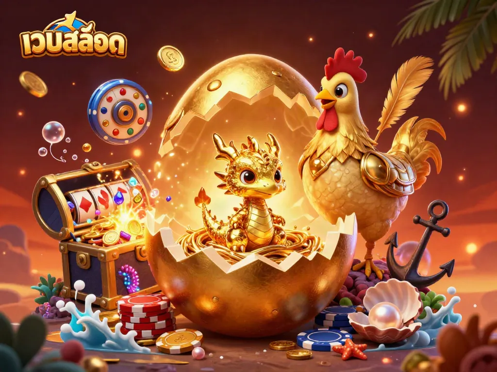 เล่นสล็อตในบรรยากาศคาสิโนที่มีมังกรทองและการ์ดตกแต่ง