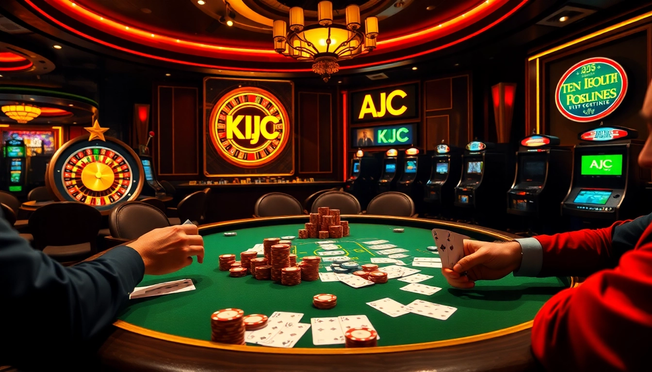 Engage with a thrilling poker game at KJC AC, showcasing vibrant chips and intense players.