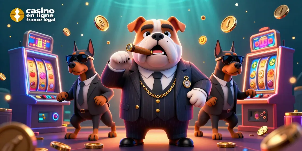 Animations de jeux dans un casino en ligne France légal avec un bulldog mafieux.