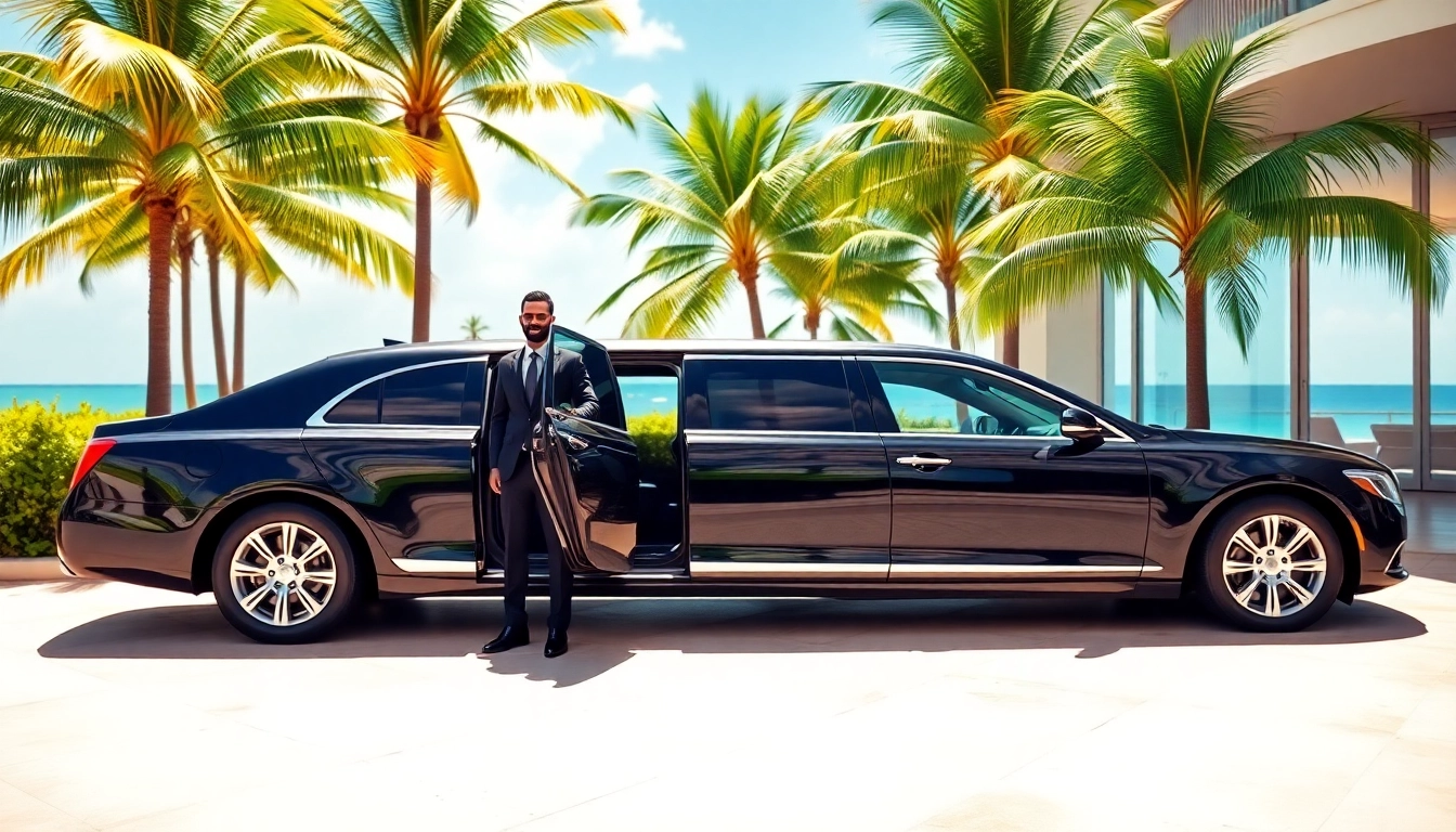 Experience luxury with limousine services Miami featuring a black limo at a glamorous hotel.