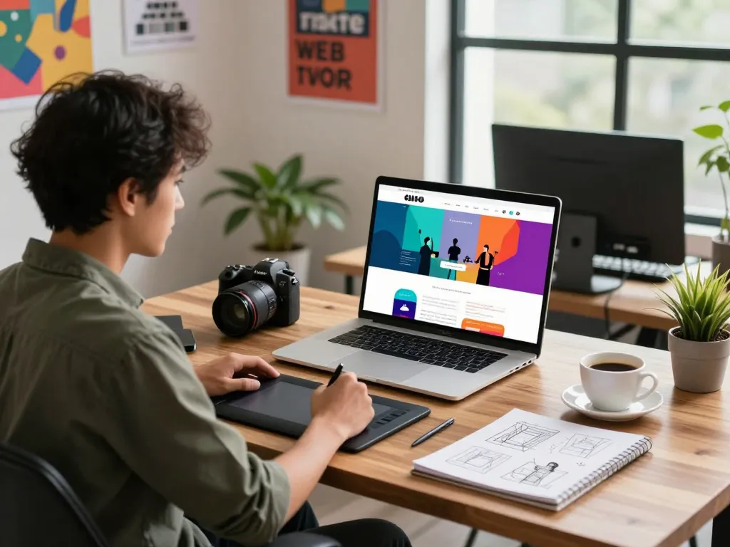Engaging workspace of a freelance web designer Kuala Lumpur enhancing creativity with tools and natural light.