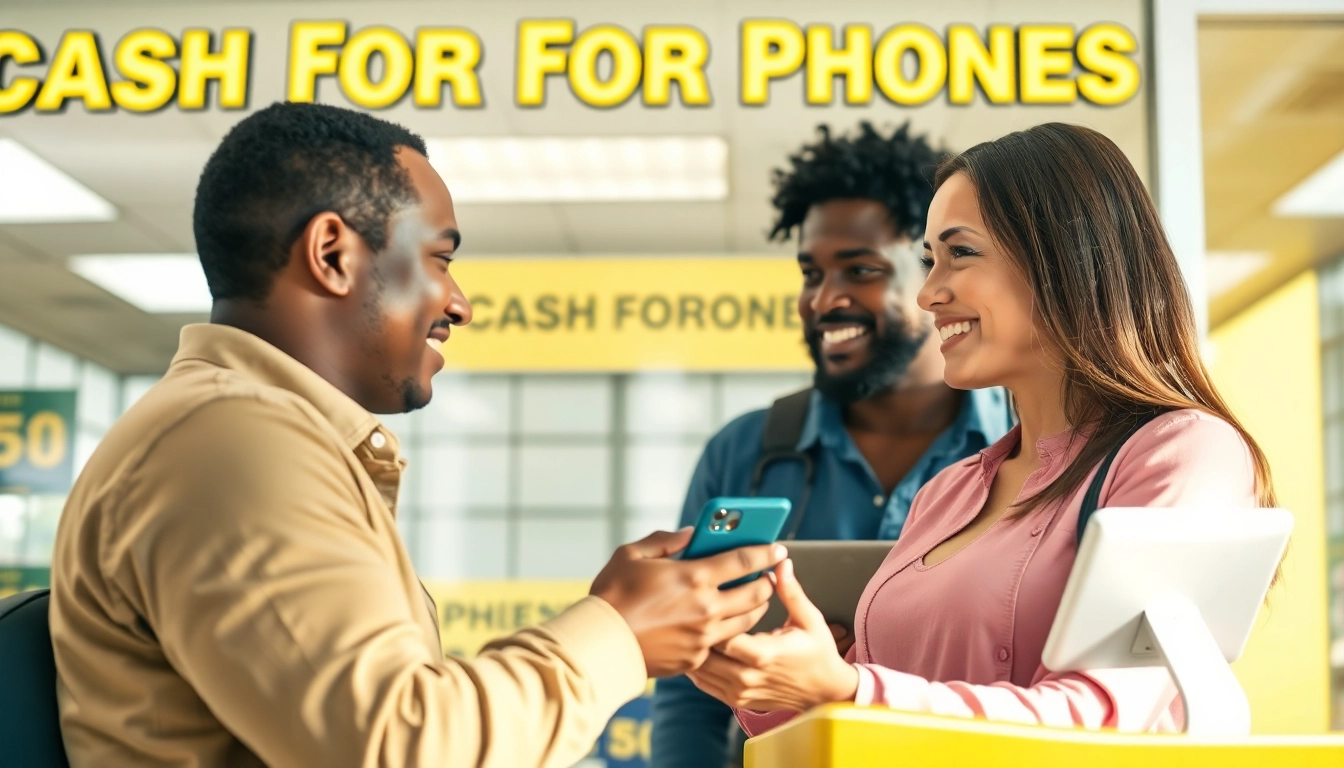 Customer exchanges smartphone for cash for phones Bryant AR in a welcoming storefront.