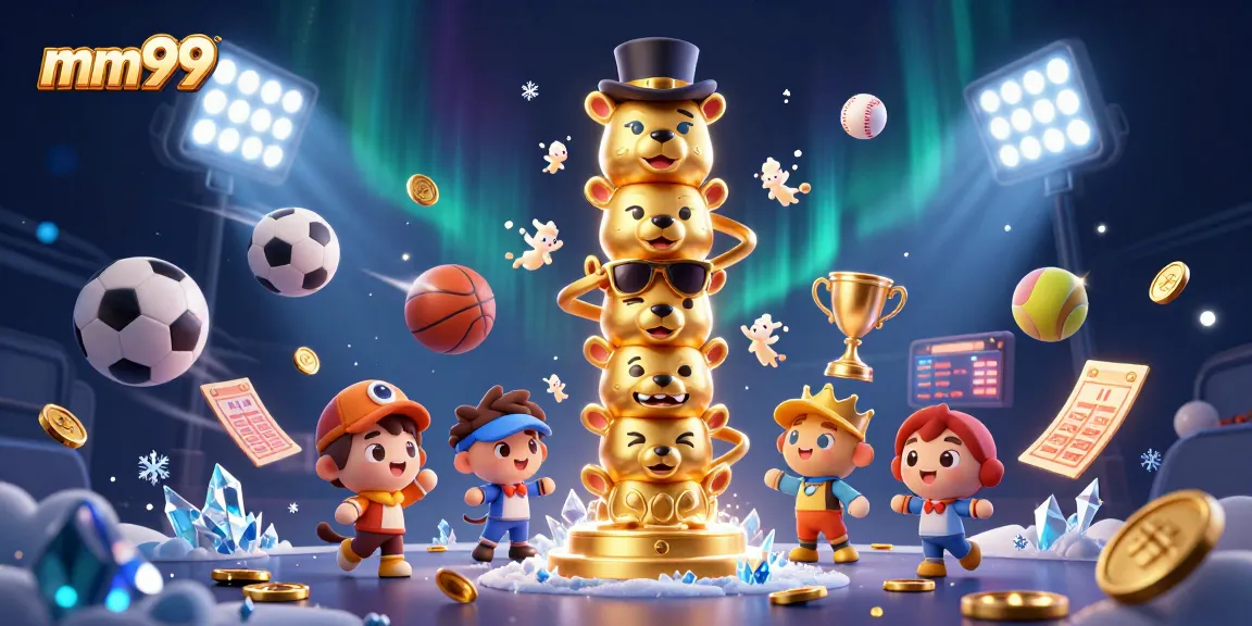 Bet on excitement with mm99 in a vibrant casino scene filled with dynamic sports elements and cheerful totem characters.