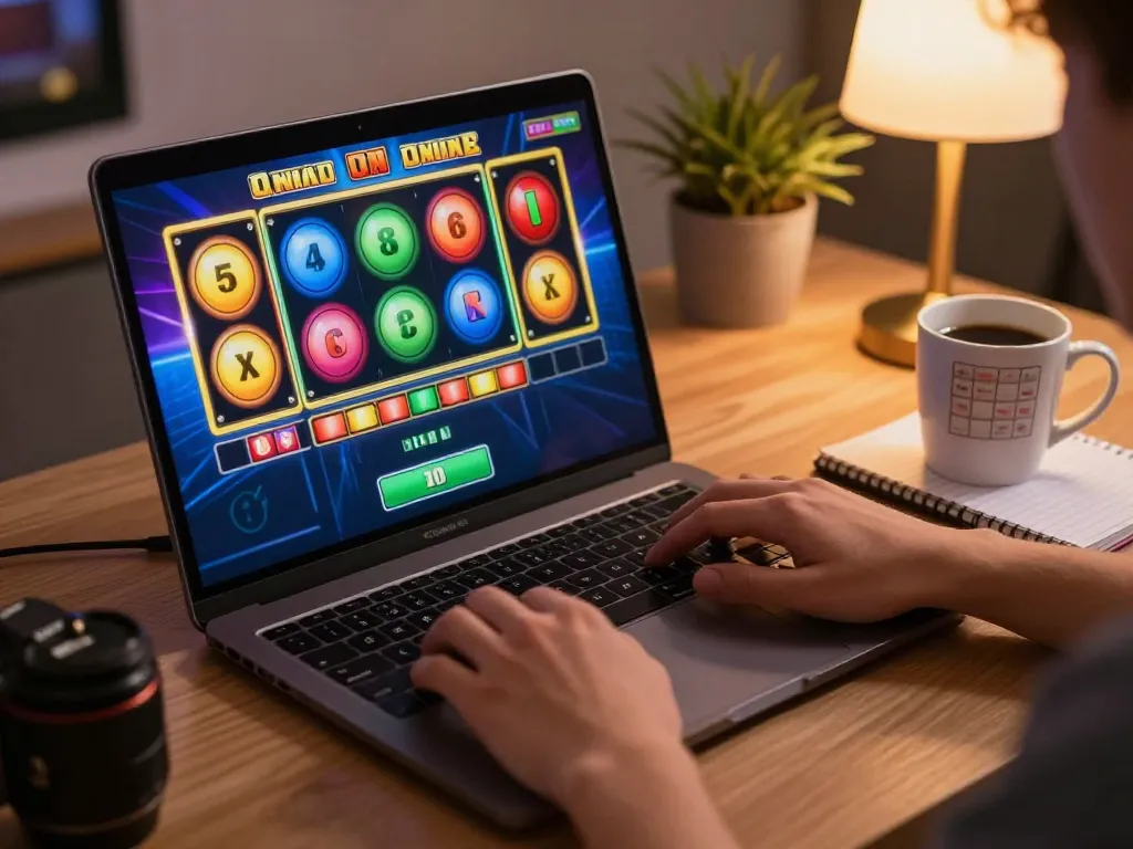 Engaging online gaming scene at Trang chủ 8LIVE showing colorful slot reels spinning on a laptop.