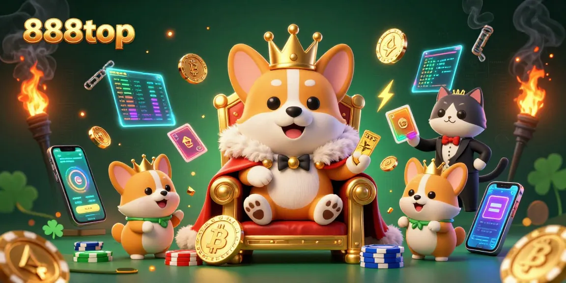 Experience thrilling gaming excitement with 888top's vibrant illustration featuring a corgi king and crypto tokens.