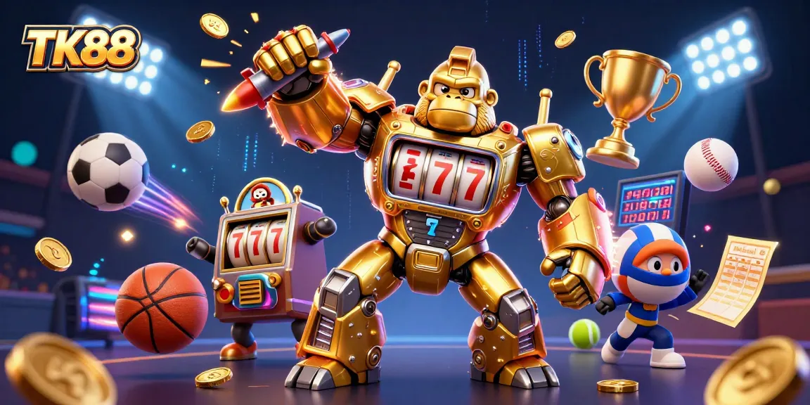 Engage with TK88's vibrant casino adventure featuring dynamic sports elements and a golden gorilla mech.
