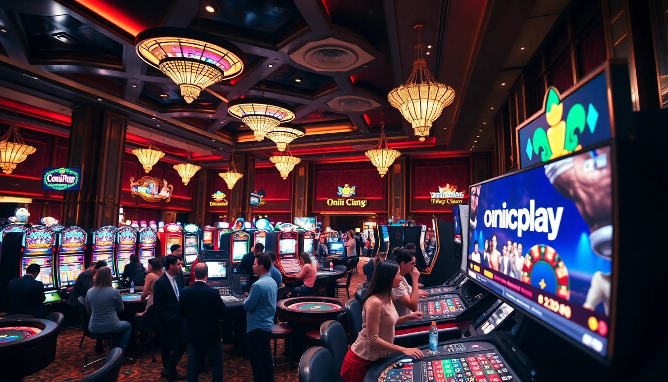 Experience the thrill of 'onicplay' at a luxury casino gaming floor filled with excited players.