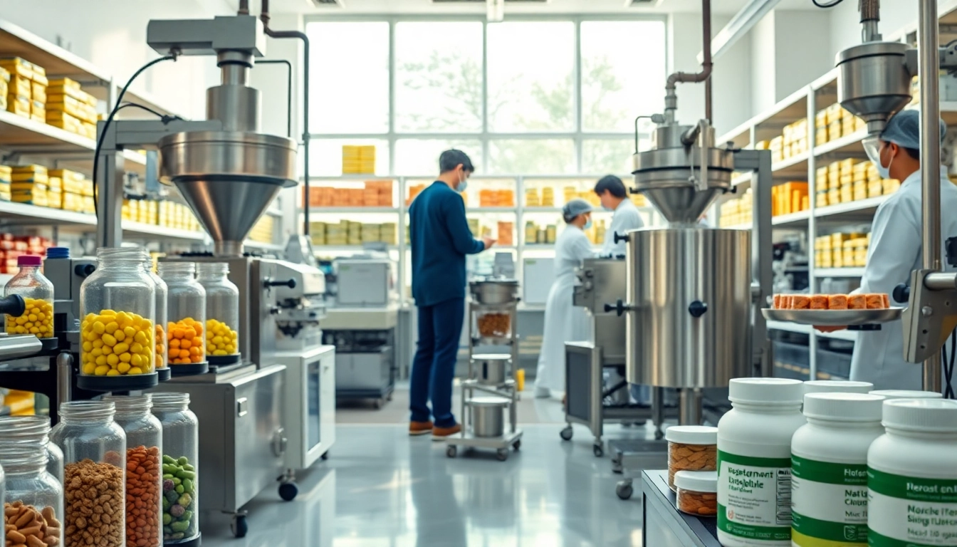 Food supplement manufacturers uk in a vibrant lab, showcasing quality production processes with advanced machinery.