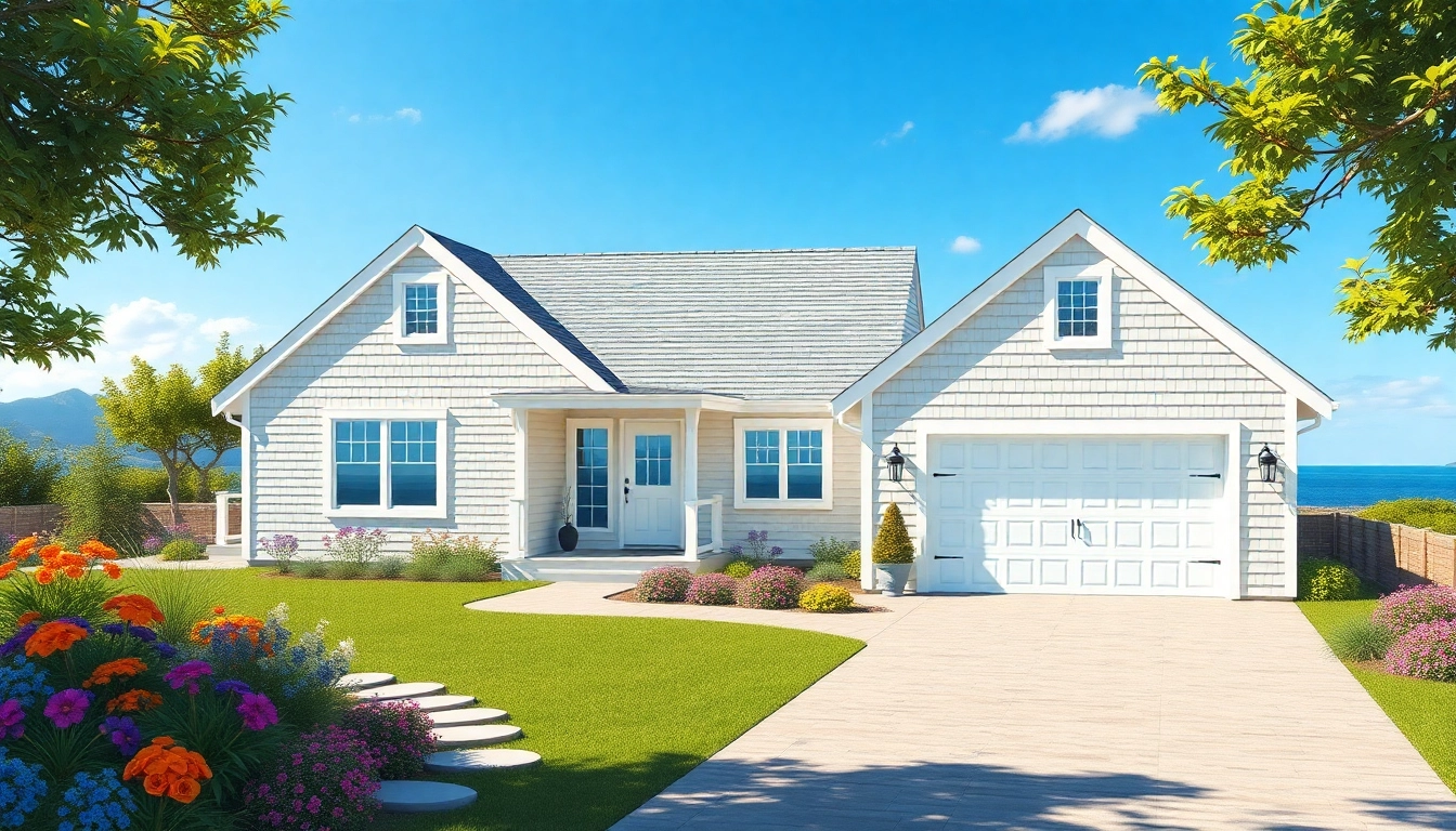 Stunning view of a cape cod home with an attached garage and bright landscaping.