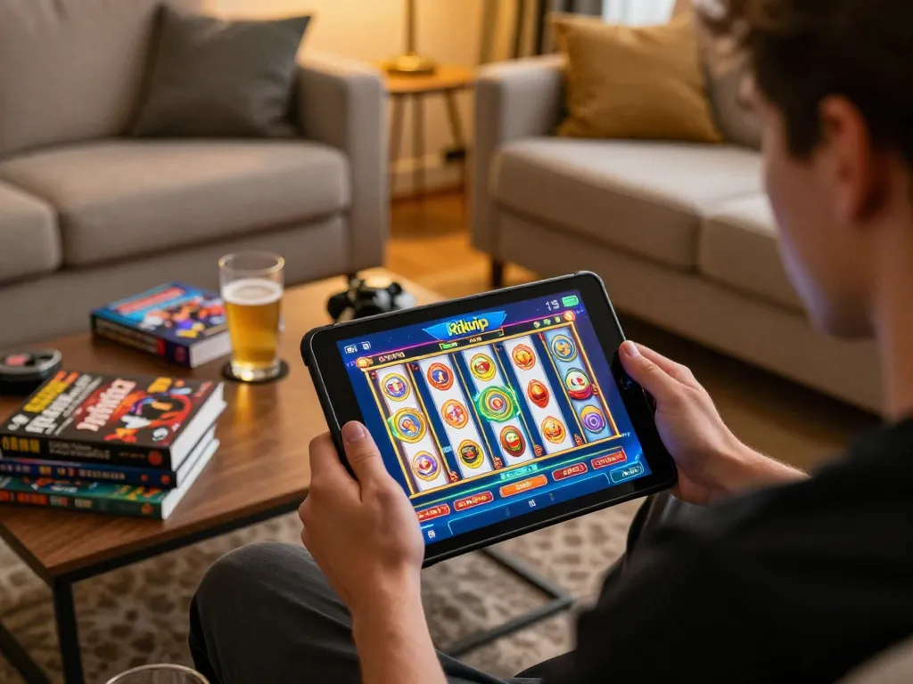 Engaging in Rikvip casino gameplay on a tablet in a cozy home setting, showcasing responsible gambling.